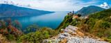 Lake Garda (Lago di Garda) with famous Pilgrimage church Madonna di Montecastello in the mountains near Tignale in Italy