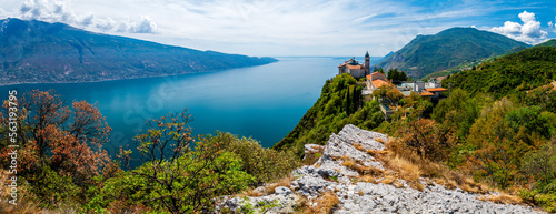 Lake Garda (Lago di Garda) with famous Pilgrimage church Madonna di Montecastello in the mountains near Tignale in Italy