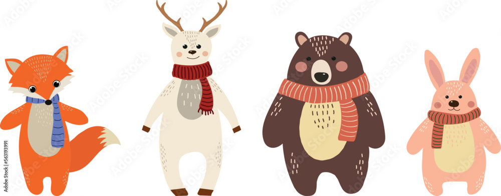 Obraz premium A set of four animals. Bear, deer, hare, fox. Vector file for designs.