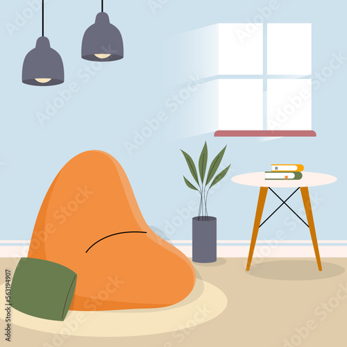 Illustration of comfortable bean bag chair with table, pillow, plants and lamp vector design