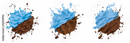 A collection of realistic illustrations of melted chocolate and vanilla blue cream with splashes isolated on a white background, suitable for showcasing delicious food products. Generative AI.