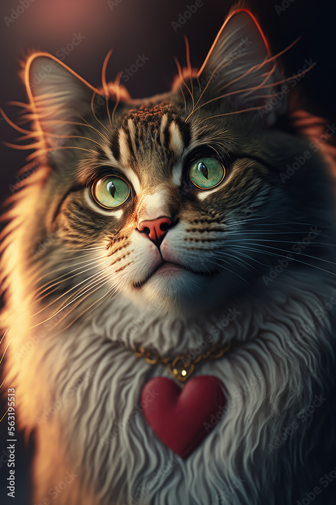 valentine theme cute cat with valentine's day heart and decoration around. Generative AI