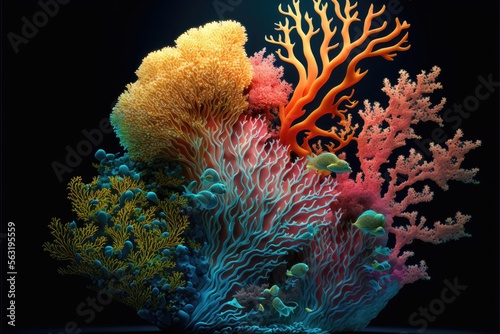 Fototapeta Naklejka Na Ścianę i Meble -  Deep sea coral reef and fish. Abstract glow in the dark background. Generative AI