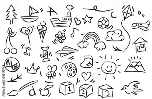 Cute Doodle vector illustration for kids, Hand drawn set of cute doodles for decoration on white background, Cute Doodle Hand Drawn, Page for coloring.