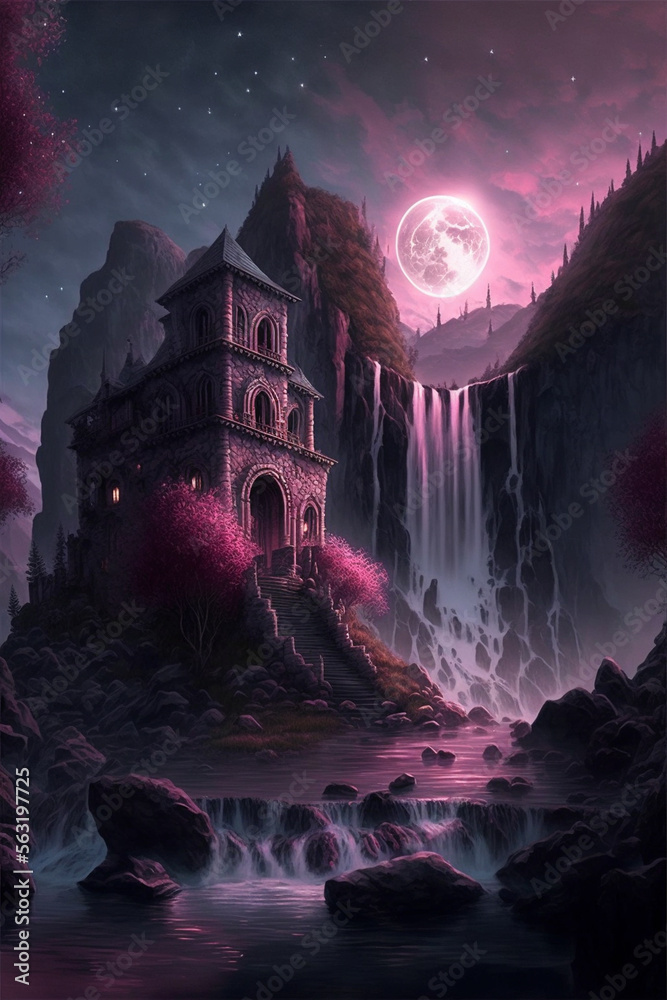 Castle and Moon in Varank and Pink Tones