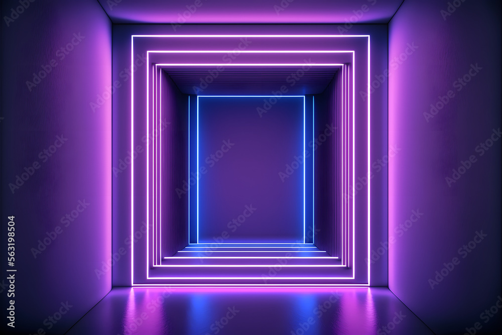 3d render, abstract panoramic background with neon lines glowing in spectrum. Empty virtual room, square frame 3d render, abstract panoramic background with neon lines glowing in spectrum. Empty virtual room, square frame