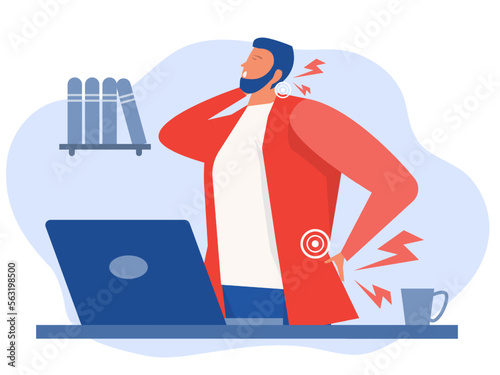 businessman at workplace suffering from  Neck Pain ,Muscle pain point,with office syndrome Flat vector illustration.