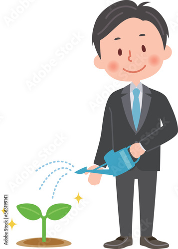 スーツの男性が植物の芽に水やりをするイラスト