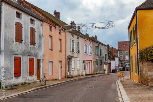 Streets in a small touristic town during cloudy fall season evening. Santenay  France.