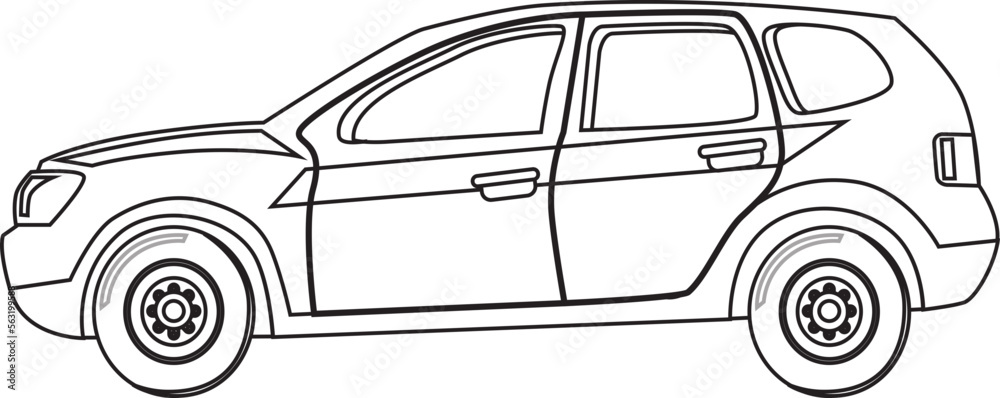 Coloring page vector line art for book and drawing. Black contour sketch illustrate Isolated on white background. High speed drive vehicle. Graphic element. Illustration car. Stroke without fill.
