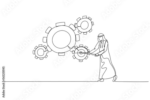 Illustration of arab man manager use managerial skill to rotate group of business cogwheels. Continuous line art