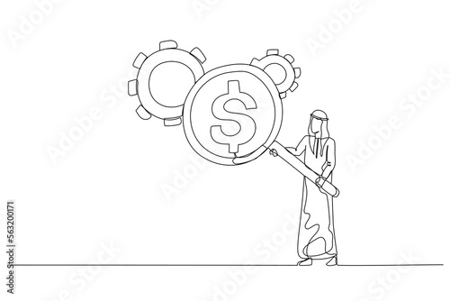 Cartoon of arab man with magnifier showing dollar money reflection looking at gear cogwheel concept of cost efficient. Single continuous line art