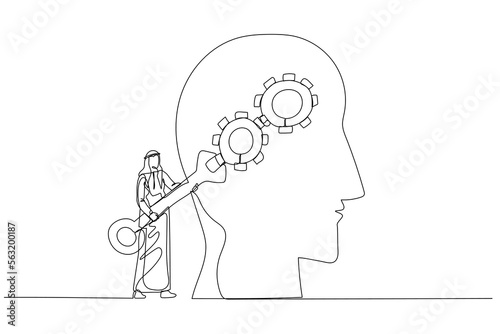 Illustration of arab man with using wrench fixing gear cogwheels metaphor for change mindset attitude. Single continuous line art style