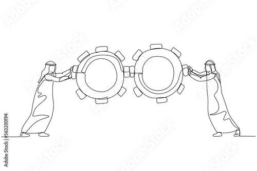 Illustration of arab man pushing gears wheel concept of business team work. Single continuous line art style