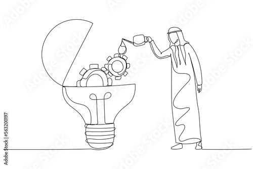 Drawing of arab man drop oil lubricant into idea lightbulb lamp with mechanical gears. One line art style