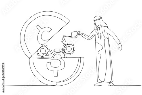 Drawing of arab man put lubricant oil on opening gold coin concept of financial liquidity. One line art style