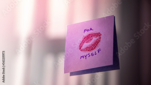 Love Yourself Concept. Note on the Mirror with a Lipstic Kiss Mark. Mental Health Remind and Practice to Start the Day with a Positive Mind