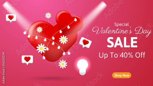 valentine's day sale banner background with red heart, lamp and flowers. business seasonal vector illustration