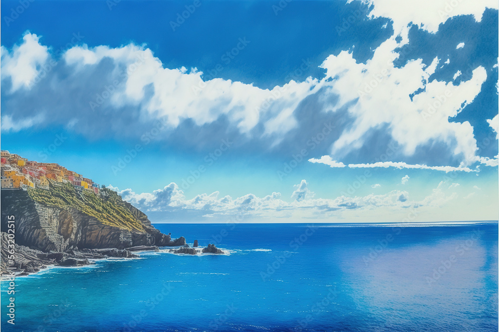Fototapeta premium Panoramic View of Blue Ocean Sea Against Blue Sky Watercolor - Generative AI