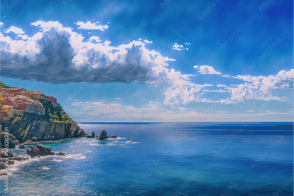 Sea View Blue Ocean Sea With Blue Sky and Some Cloud Watercolor - Generative AI