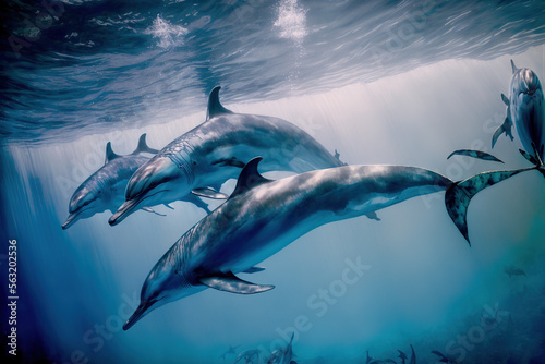 Blue Dolphins Under Sea Ocean Watercolor - Generative AI