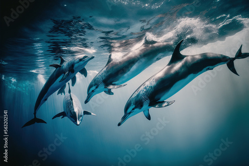 Group Of Blue Dolphins Playing With Blue Ocean Wave Watercolor - Generative AI