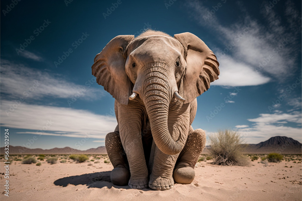 Fototapeta premium Elephant sitting in the dessert (AI Generated)