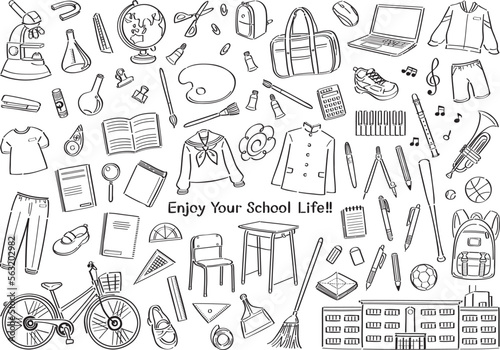 学校生活の文房具や道具のイラストセット（中学校・高校）　線画