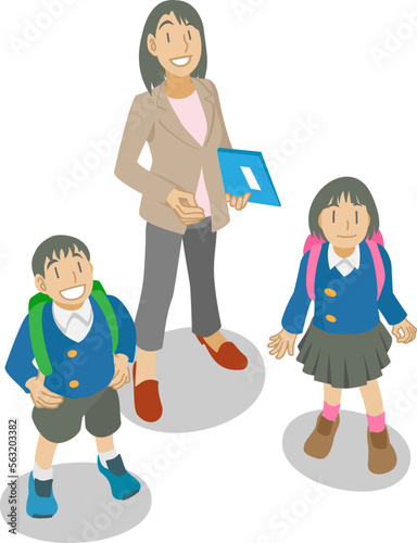 空を見上げる小学校の生徒と担任