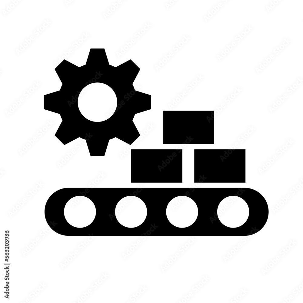 Conveyor belt, cardboard and gear silhouette icon. Manufacturing industry. Vector. Conveyor belt, cardboard and gear silhouette icon. Manufacturing industry. Vector.