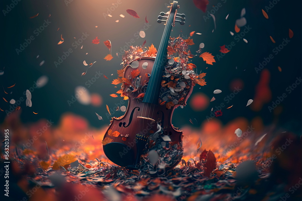Wooden violin in the spring autumn park among the foliage Generative AI