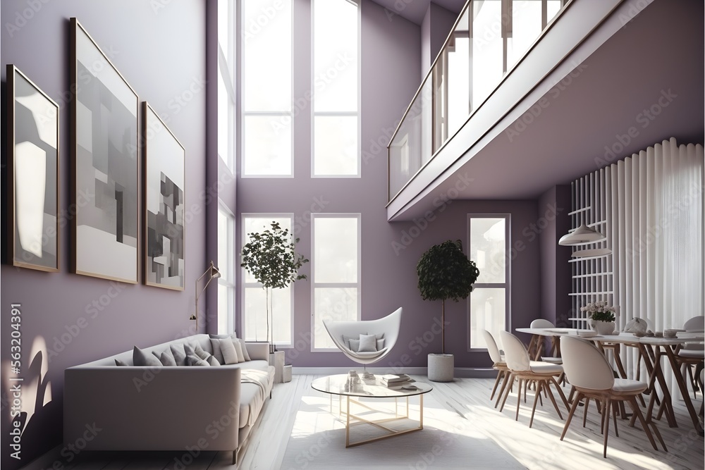 Fototapeta premium A modern house, in a minimalist millenium crib, high ceiling and filled with warm Lavender colour as the wall blend in with the design of the furniture.