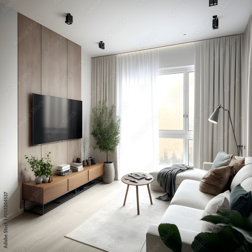 Fototapeta premium modern rectangular living room, big window in the right side of the room, a tall white curtain covering the window, natural light, hardwood, light-colored