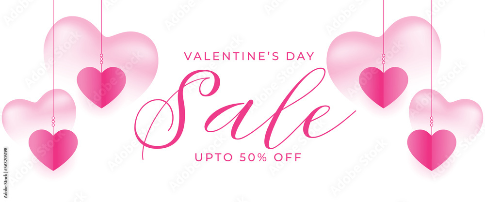 valentines day sale and discount banner with hanging hearts