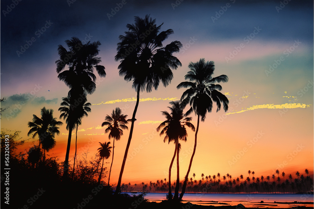 Sunset Shoreline Beach With Palm Trees  During Sunset Watercolor - Generative AI