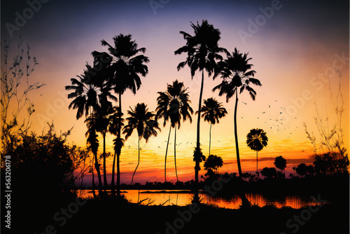 Silhouette of Palm Trees Near Ocean Beach Shoreline During Sunset Watercolor - Generative AI