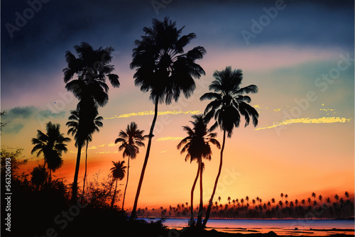 Sunset Shoreline Beach With Palm Trees During Sunset Watercolor - Generative AI