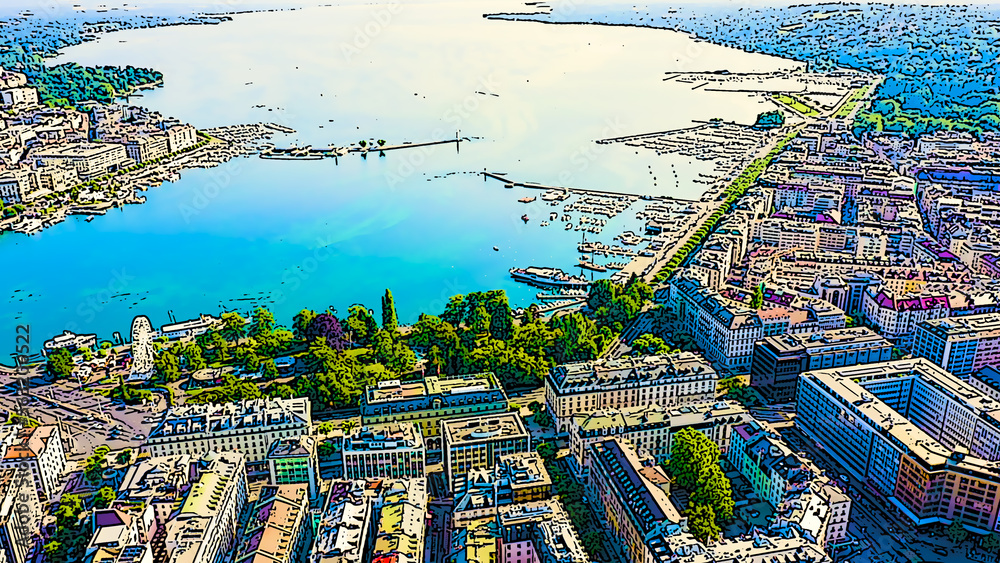 Geneva, Switzerland. Flight over the central part of the city. Lake Geneva. Bright cartoon style illustration. Aerial view