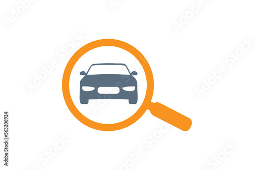Search car sign vector Magnifying glass with car Search car symbol. Looking for transport Selection a car among others vehicles illustration.