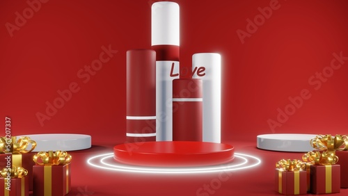 3D rendering of red podium for Valentine products on Valentine's Day.