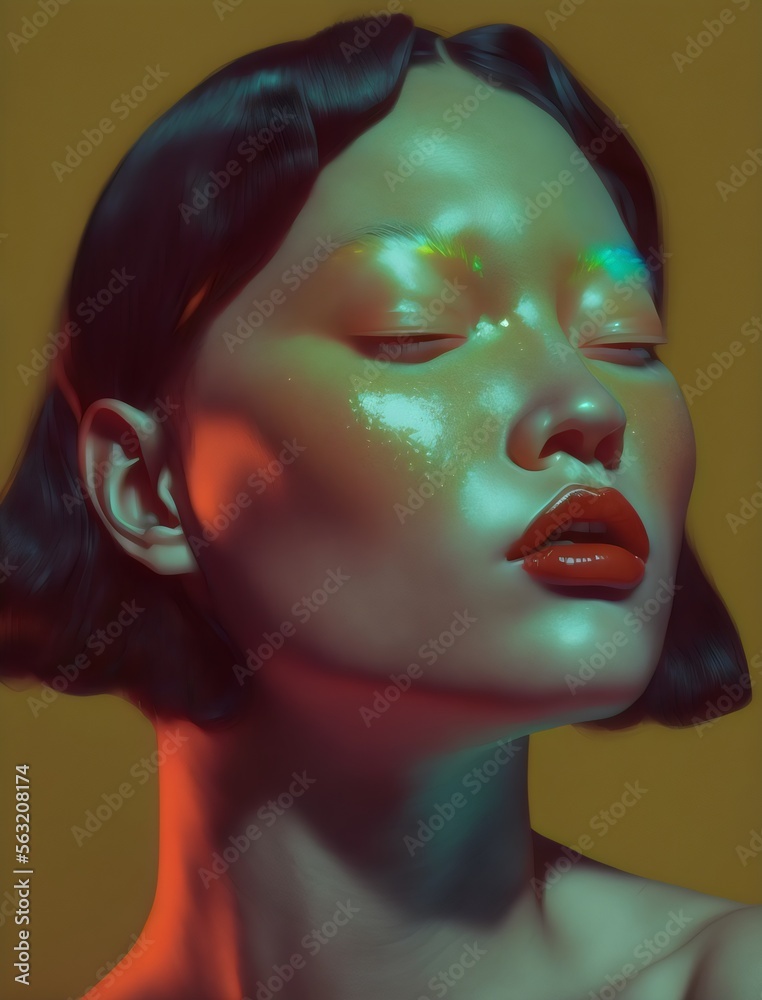 beautiful asian model woman golden light, iridescent, portrait, eyes closed, generative ai