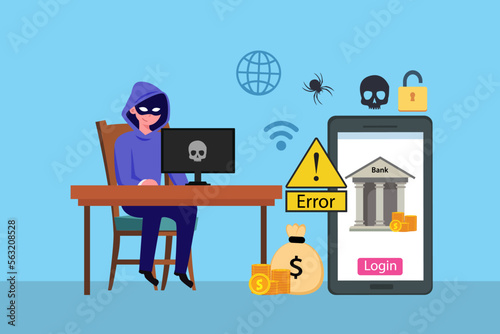 Hacker stealing bank information on mobile phone application, flat design illustration