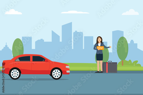 Woman ask for car ride while standing on the road side