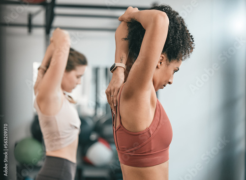 Fototapeta Naklejka Na Ścianę i Meble -  Training, stretching and personal trainer with women in gym for fitness, workout and exercise. Teamwork, health and friends with girl and muscle warm up for wellness, sports and progress goals