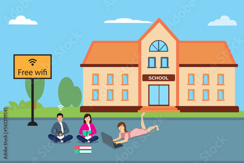 Free wifi vector concept. Group of students using digital device to connecting wifi in the schoolyard