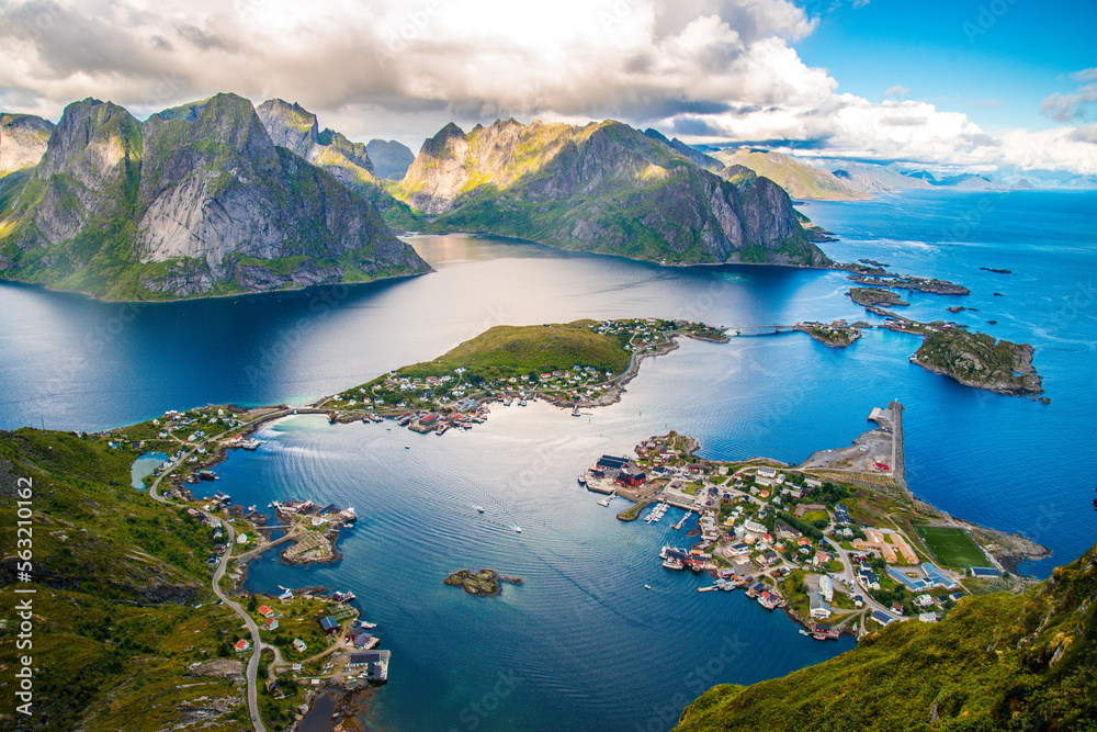 Fototapeta premium Birds eye view of an archipelago in Arctic Norway.