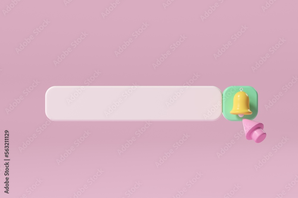 Minimal empty search bar with bell. warning on pink background web search concept 3d rendering illustrati