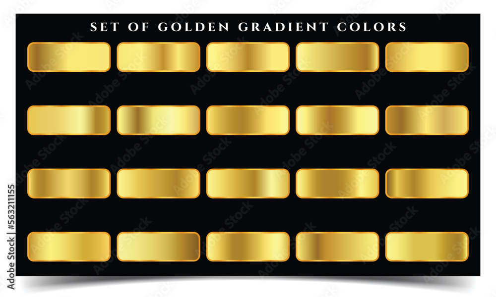 Big set of metallic gold gradients. Set of gold gradient vector palette for background template. Royal golden gradients swatches palette. 