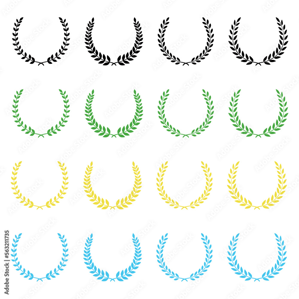 Set of colorful silhouette circular laurel foliate, wheat and oak wreaths depicting an award, achievement, heraldry, nobility on white background. Emblem floral greek branch flat style - stock vector. Set of colorful silhouette circular laurel foliate, wheat and oak wreaths depicting an award, achievement, heraldry, nobility on white background. Emblem floral greek branch flat style - stock vector.