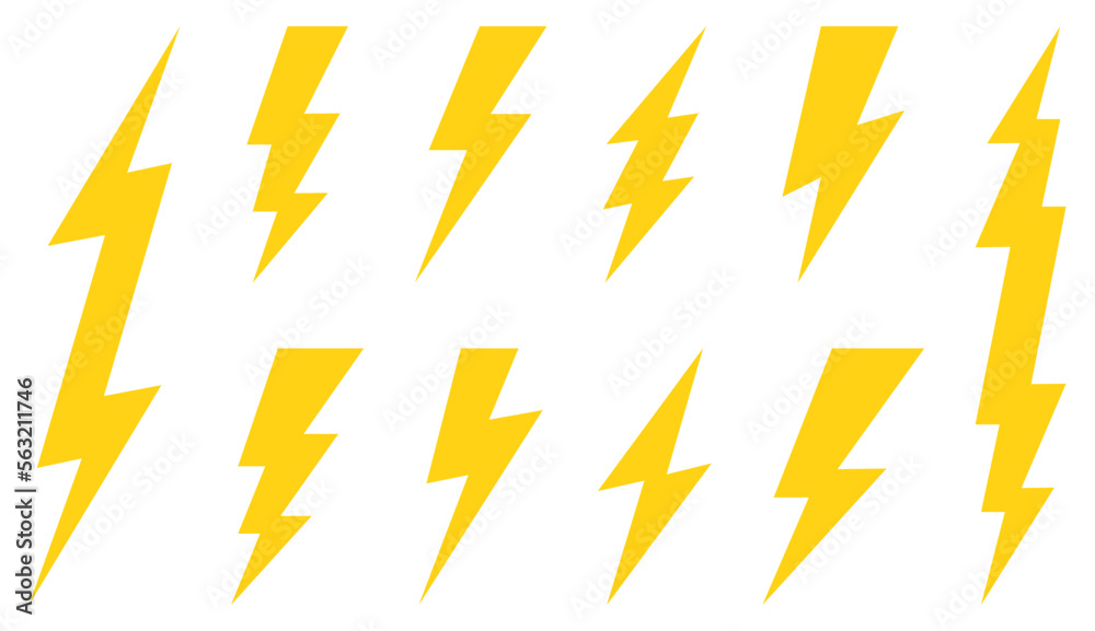Set of 10 yellow Lightning flat icons. Thunderbolts icons isolated on white background. Vector illustration Set of 10 yellow Lightning flat icons. Thunderbolts icons isolated on white background. Vector illustration